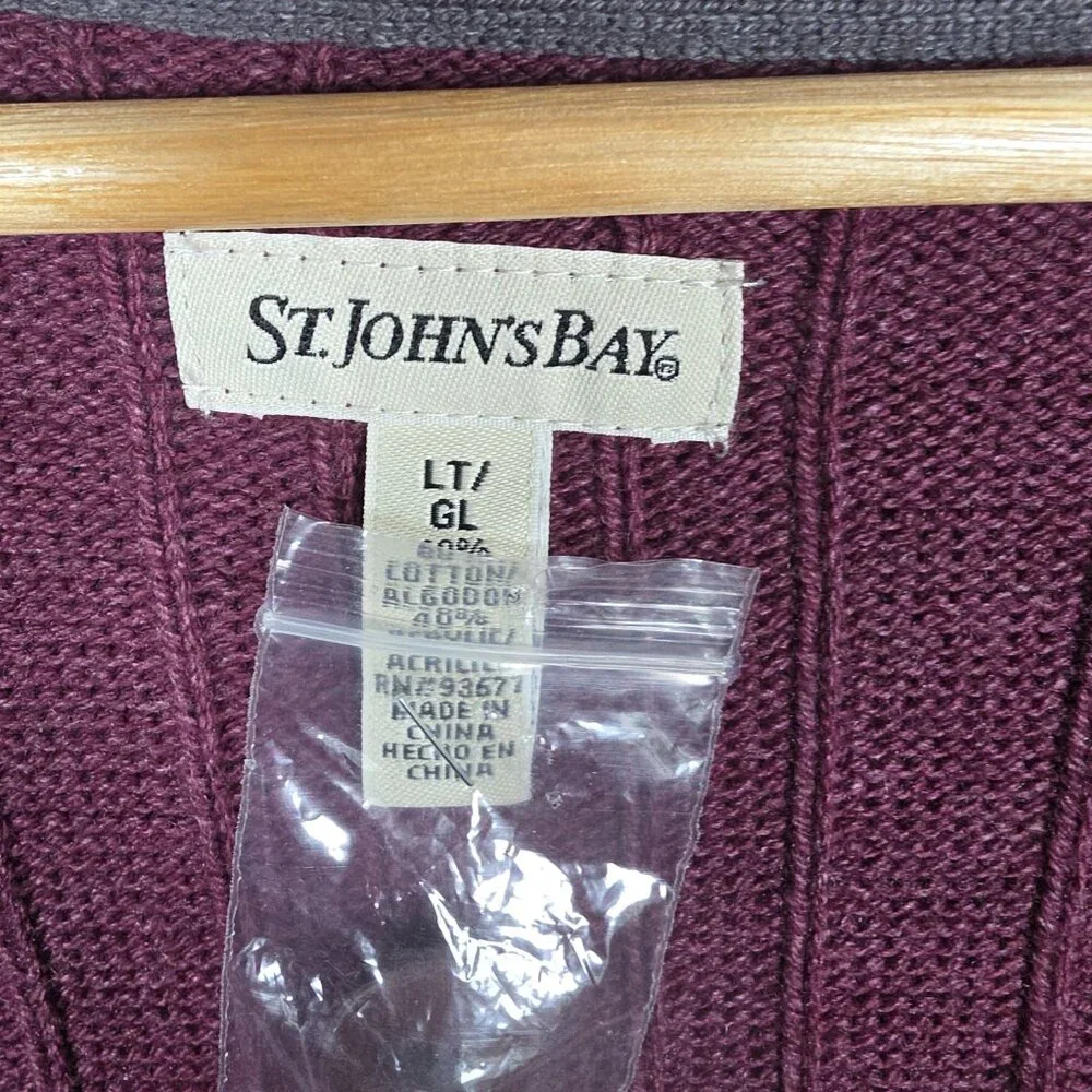 VTG St Johns Bay Sweater Mens Size LT Burgundy 3D Cable Knit Cardigan Grandpa